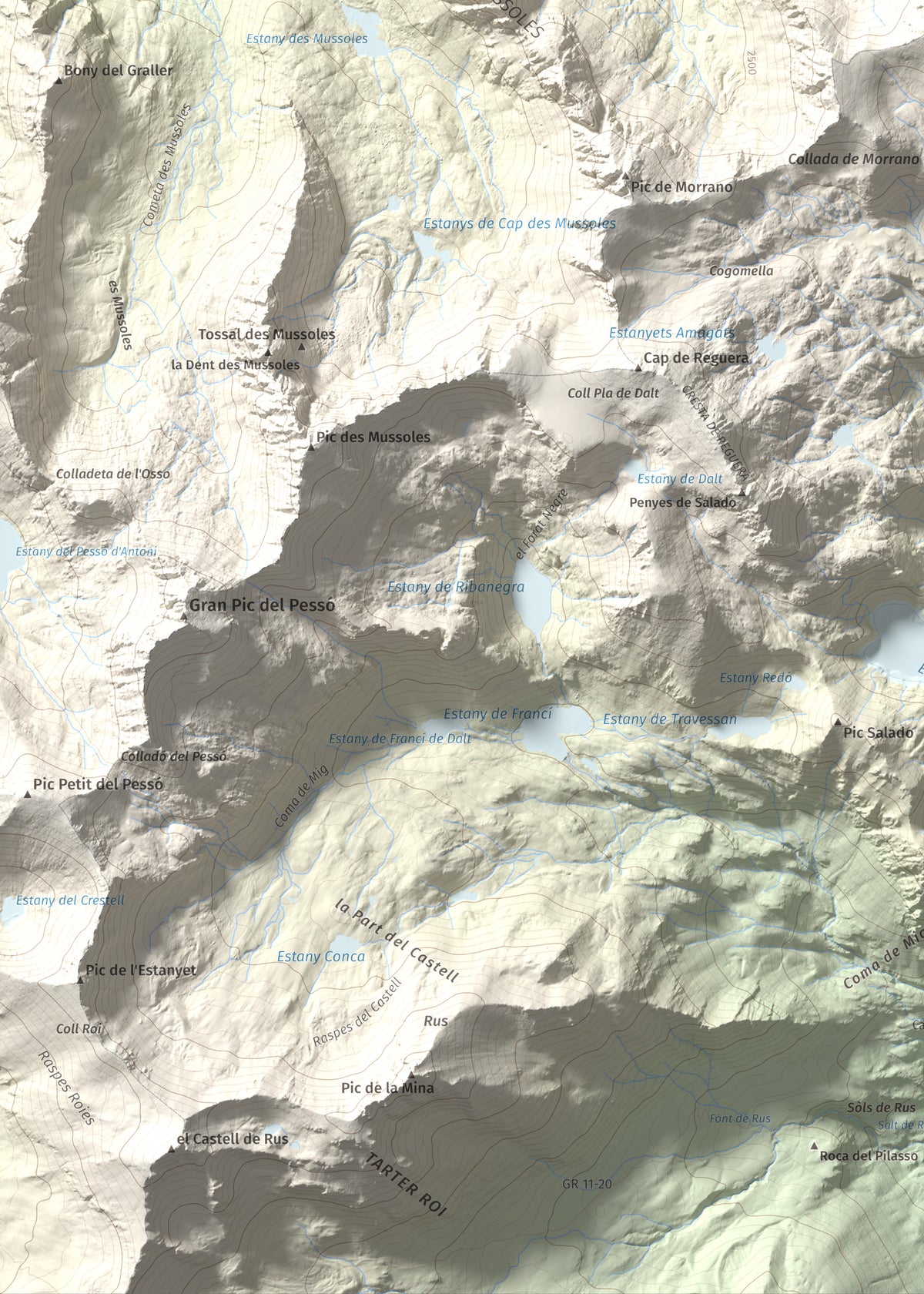 Mapa de relieve de Pic de Mariolo (Pic de Neriolo), 2857 m, Alta Ribagorça · Pallars Jussà, lámina 100 Cims de Trobart. Detalle de la zona inferior izquierda. 50 × 70 cm.