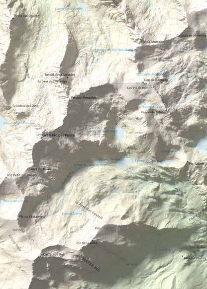 Mapa de relieve de Pic de Mariolo (Pic de Neriolo), 2857 m, Alta Ribagorça · Pallars Jussà, lámina 100 Cims de Trobart. Detalle de la zona inferior izquierda. 50 × 70 cm.