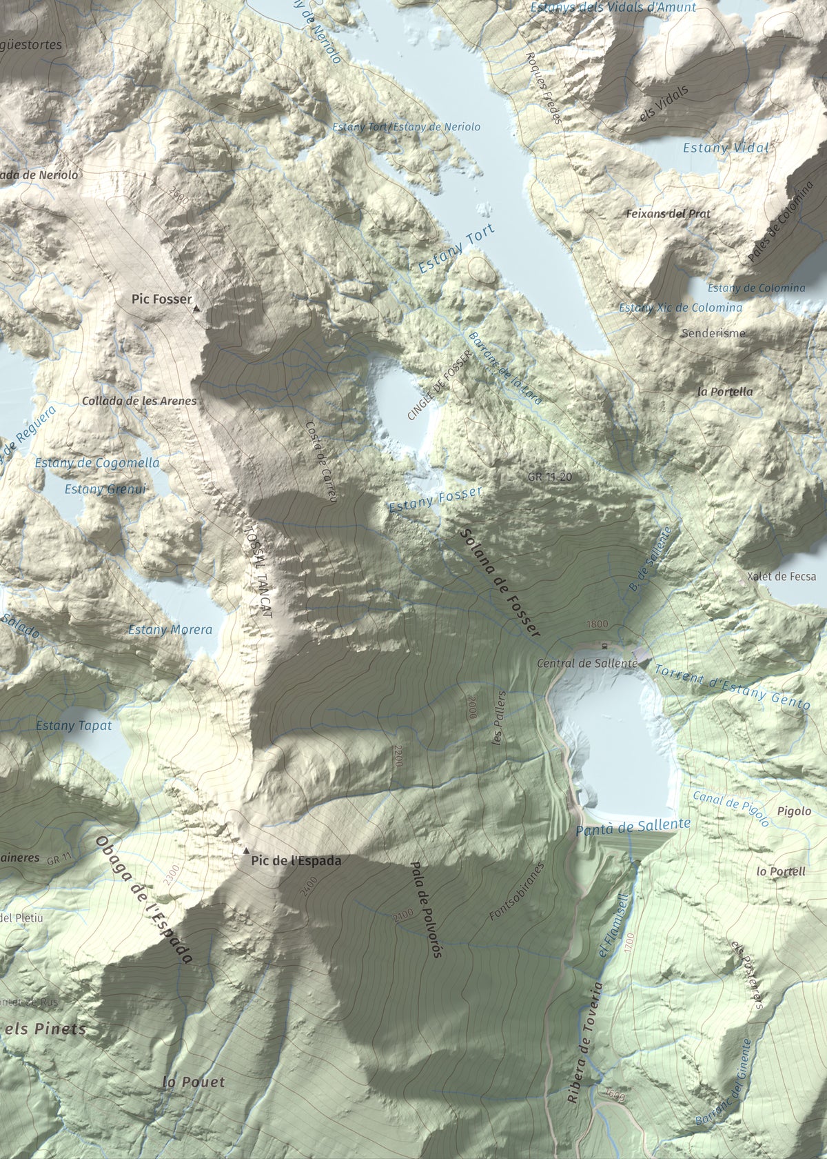 Mapa de relieve de Pic de Mariolo (Pic de Neriolo), 2857 m, Alta Ribagorça · Pallars Jussà, lámina 100 Cims de Trobart. Detalle de la zona inferior derecha. 50 × 70 cm.