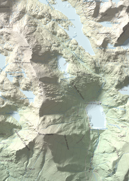 Mapa de relieve de Pic de Mariolo (Pic de Neriolo), 2857 m, Alta Ribagorça · Pallars Jussà, lámina 100 Cims de Trobart. Detalle de la zona inferior derecha. 50 × 70 cm.