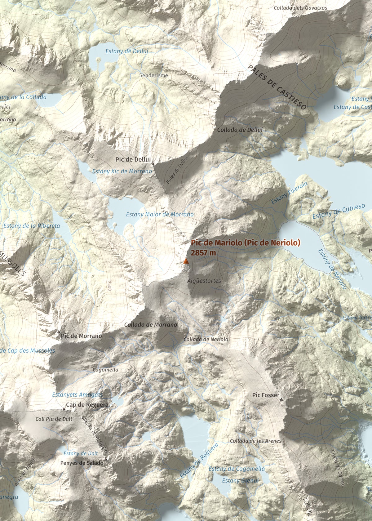 Mapa de relieve de Pic de Mariolo (Pic de Neriolo), 2857 m, Alta Ribagorça · Pallars Jussà, lámina 100 Cims de Trobart. Detalle de la zona central. 50 × 70 cm.