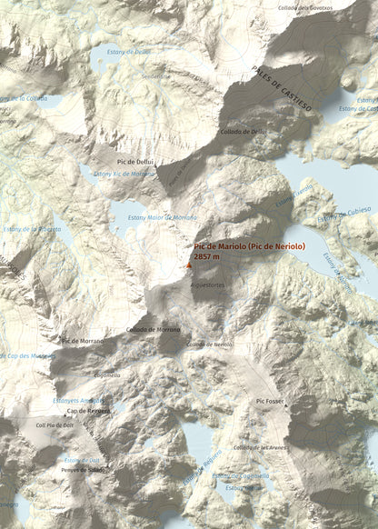 Mapa de relieve de Pic de Mariolo (Pic de Neriolo), 2857 m, Alta Ribagorça · Pallars Jussà, lámina 100 Cims de Trobart. Detalle de la zona central. 50 × 70 cm.