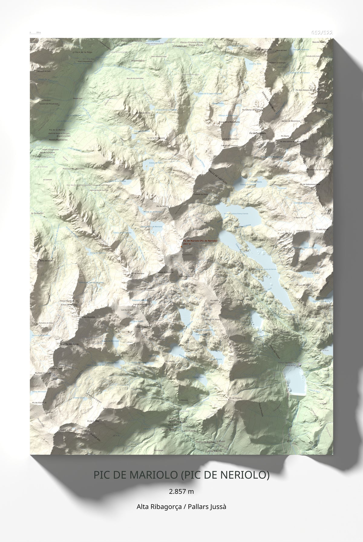 Mapa de relieve de Pic de Mariolo (Pic de Neriolo), 2857 m, Alta Ribagorça · Pallars Jussà, lámina 100 Cims de Trobart 61 × 91 cm.