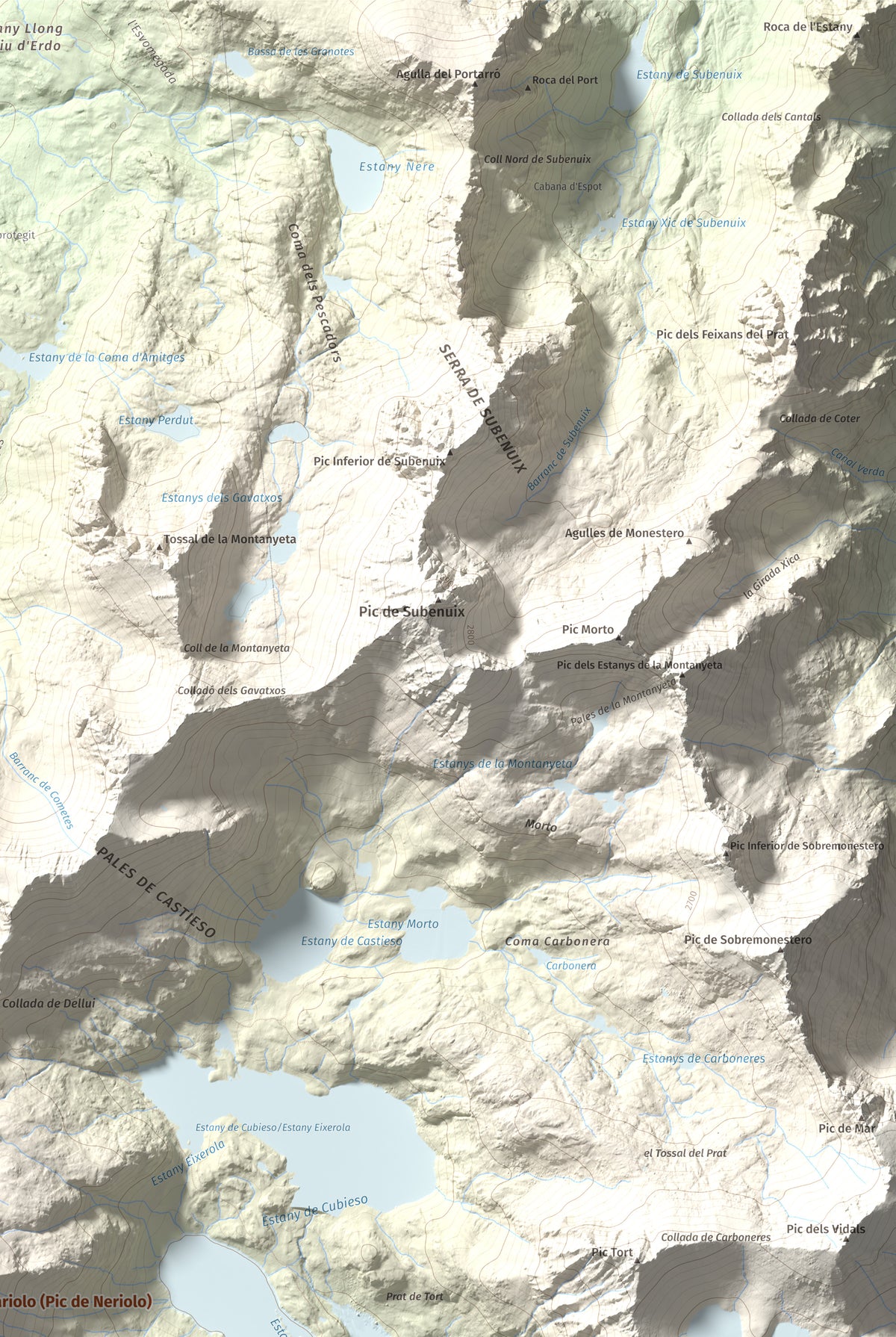 Mapa de relieve de Pic de Mariolo (Pic de Neriolo), 2857 m, Alta Ribagorça · Pallars Jussà, lámina 100 Cims de Trobart. Detalle de la zona superior derecha. 61 × 91 cm.
