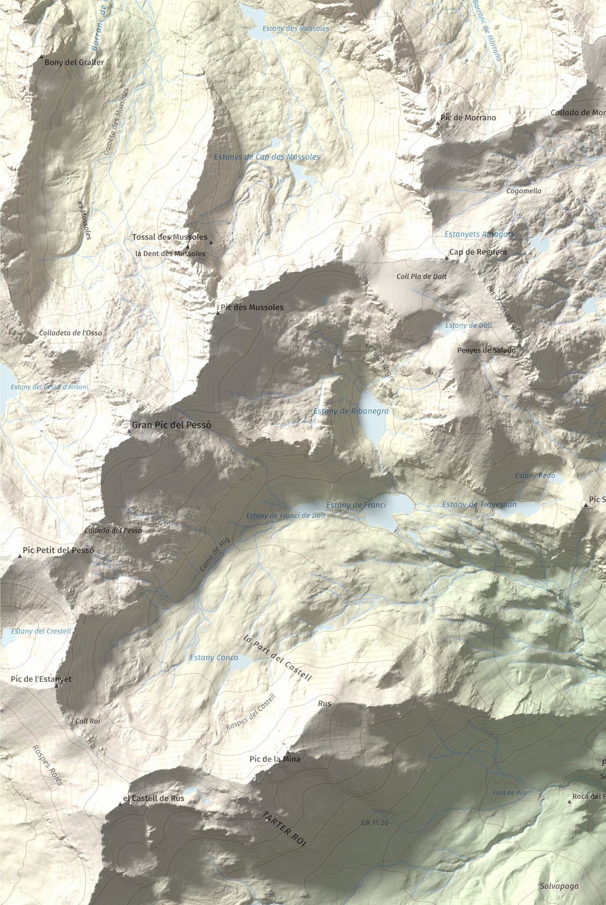 Mapa de relieve de Pic de Mariolo (Pic de Neriolo), 2857 m, Alta Ribagorça · Pallars Jussà, lámina 100 Cims de Trobart. Detalle de la zona inferior izquierda. 61 × 91 cm.