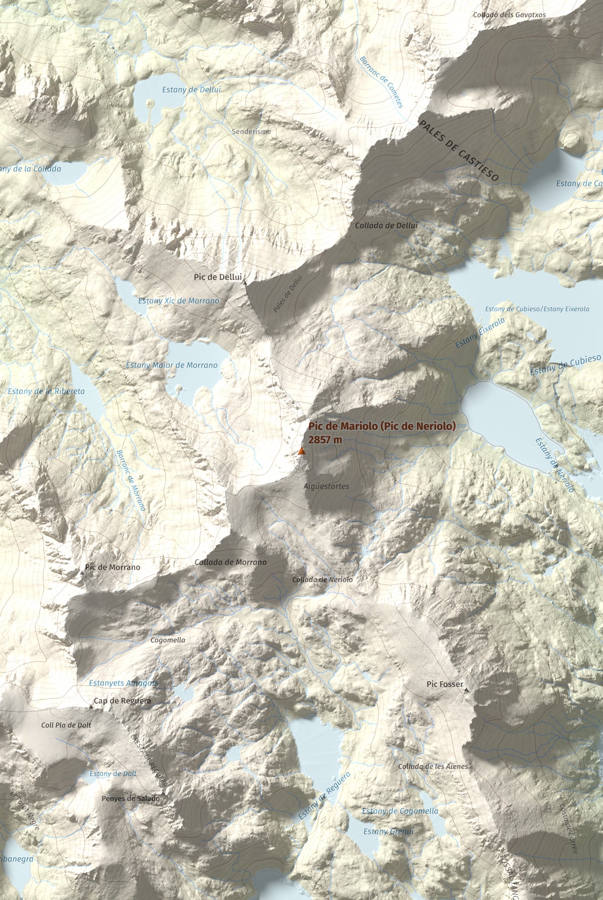 Mapa de relieve de Pic de Mariolo (Pic de Neriolo), 2857 m, Alta Ribagorça · Pallars Jussà, lámina 100 Cims de Trobart. Detalle de la zona central. 61 × 91 cm.