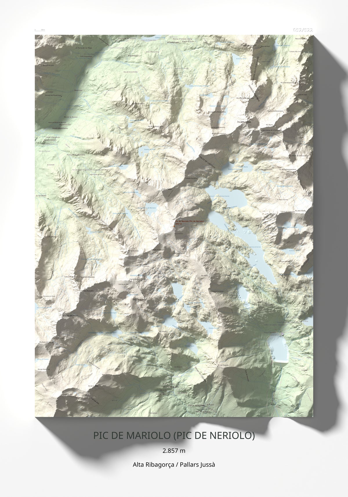 Mapa de relieve de Pic de Mariolo (Pic de Neriolo), 2857 m, Alta Ribagorça · Pallars Jussà, lámina 100 Cims de Trobart 70 × 100 cm.
