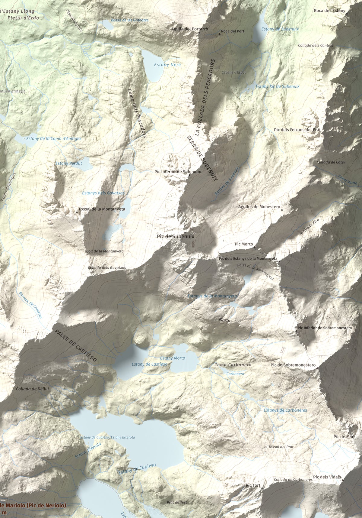 Mapa de relieve de Pic de Mariolo (Pic de Neriolo), 2857 m, Alta Ribagorça · Pallars Jussà, lámina 100 Cims de Trobart. Detalle de la zona superior derecha. 70 × 100 cm.