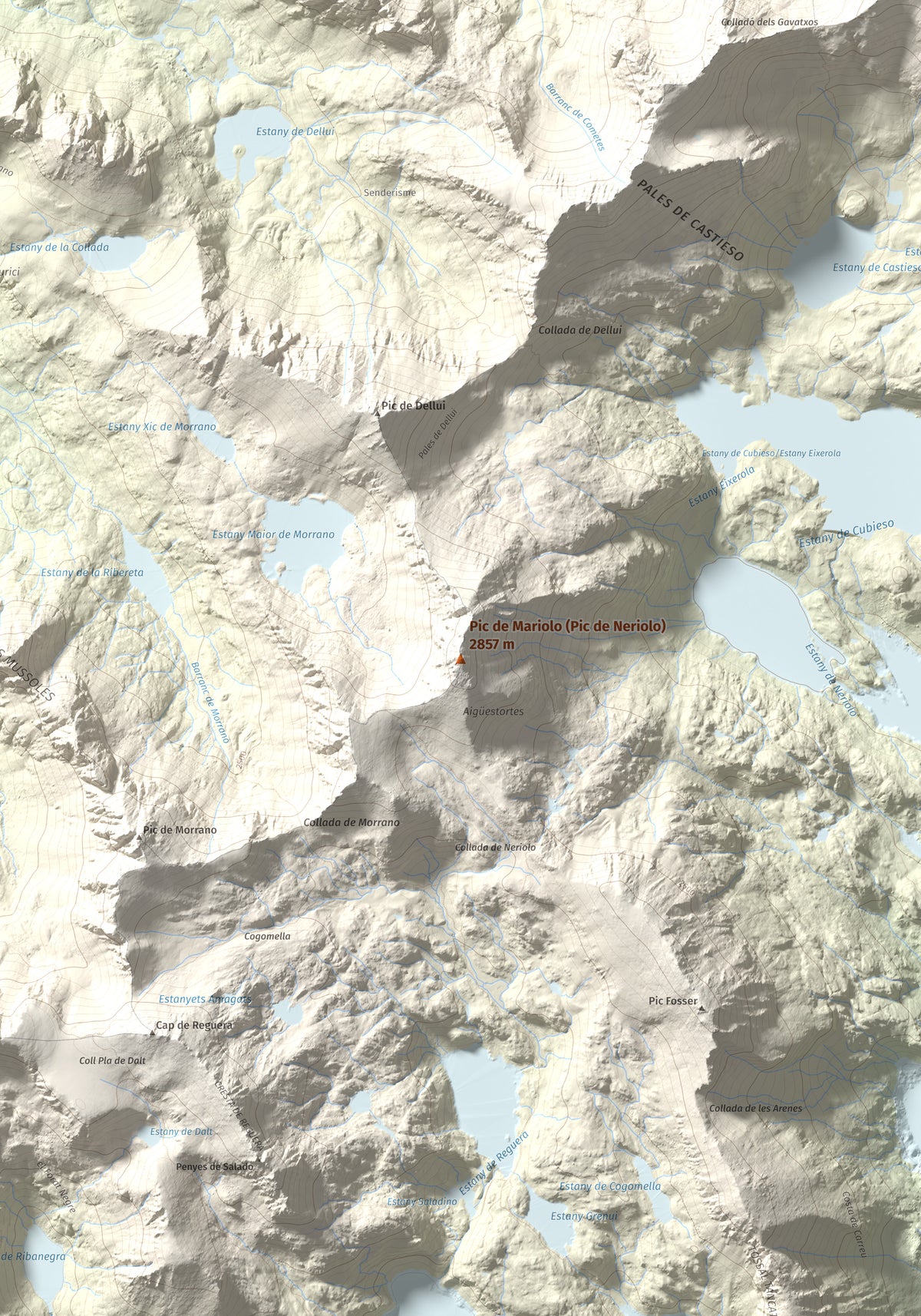 Mapa de relieve de Pic de Mariolo (Pic de Neriolo), 2857 m, Alta Ribagorça · Pallars Jussà, lámina 100 Cims de Trobart. Detalle de la zona central. 70 × 100 cm.