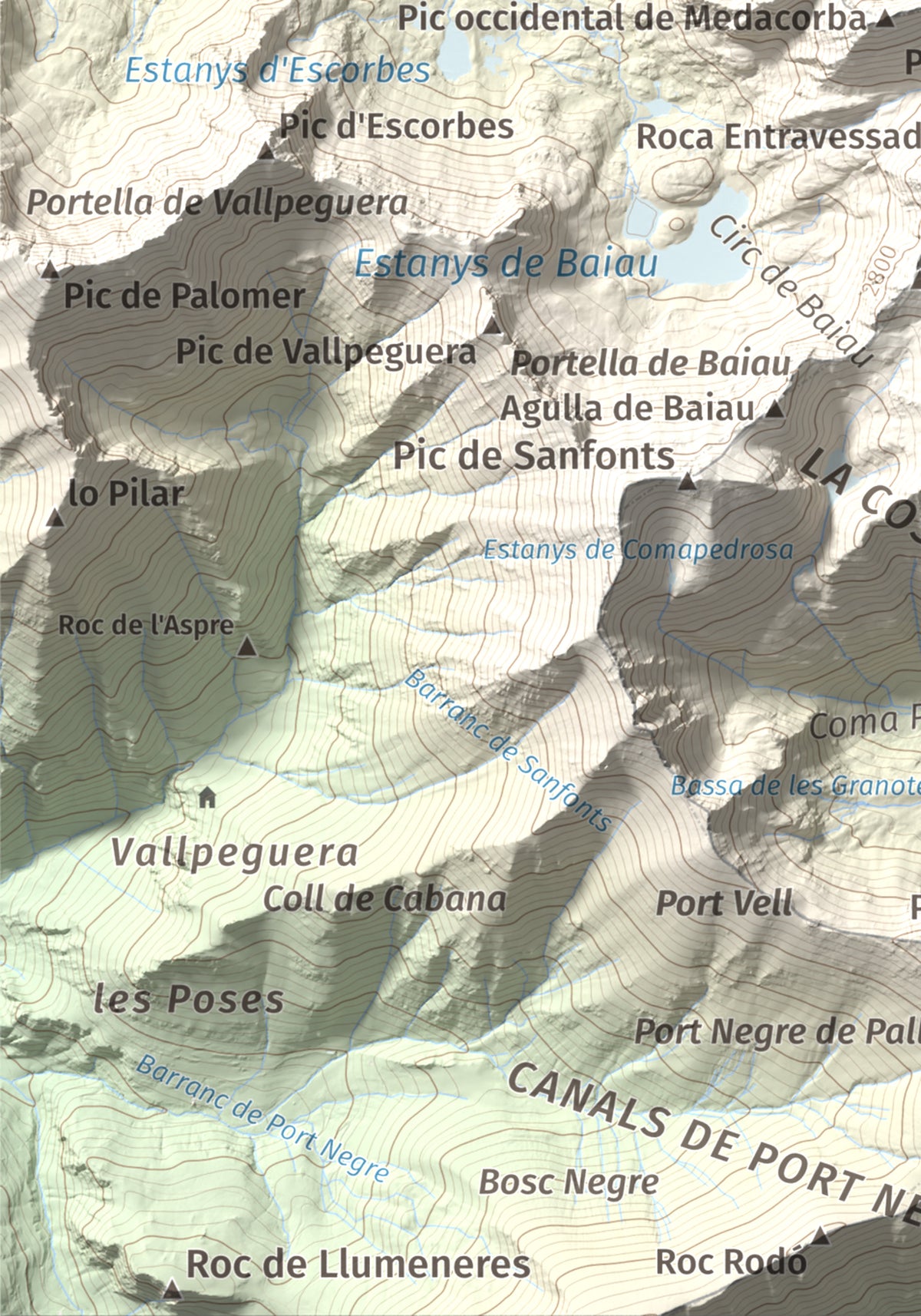 Mapa de relieve de Pic de Medacorba, 2915 m, Andorra · Pallars Sobirà, lámina 100 Cims de Trobart. Detalle de la zona inferior izquierda. 21 × 30 cm.