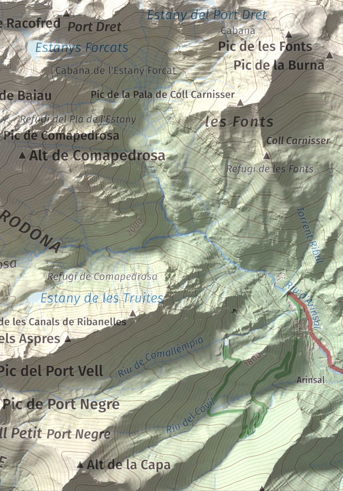 Mapa de relieve de Pic de Medacorba, 2915 m, Andorra · Pallars Sobirà, lámina 100 Cims de Trobart. Detalle de la zona inferior derecha. 21 × 30 cm.