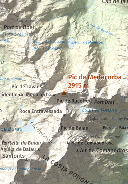 Mapa de relieve de Pic de Medacorba, 2915 m, Andorra · Pallars Sobirà, lámina 100 Cims de Trobart. Detalle de la zona central. 21 × 30 cm.