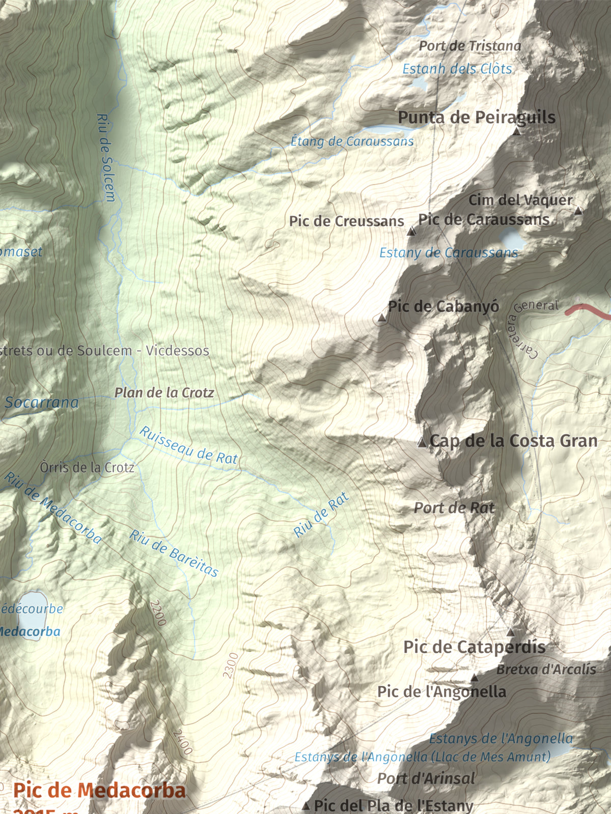Mapa de relieve de Pic de Medacorba, 2915 m, Andorra · Pallars Sobirà, lámina 100 Cims de Trobart. Detalle de la zona superior derecha. 30 × 40 cm.