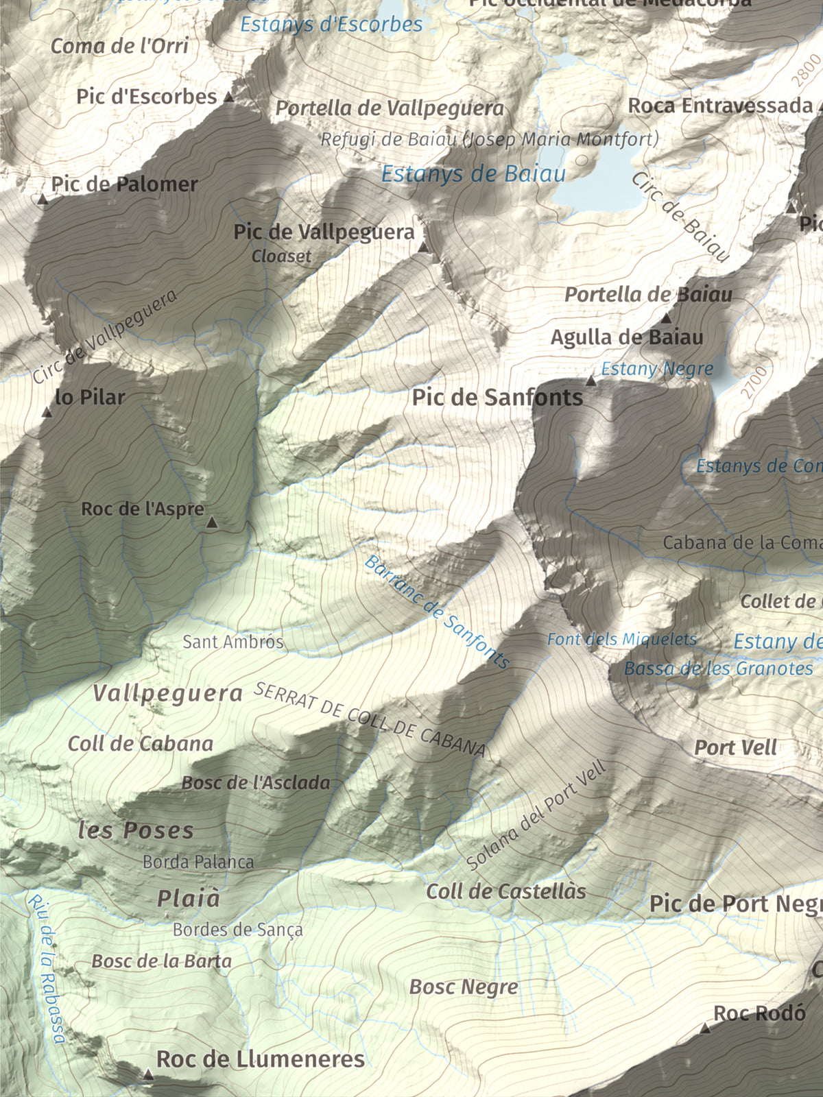 Mapa de relieve de Pic de Medacorba, 2915 m, Andorra · Pallars Sobirà, lámina 100 Cims de Trobart. Detalle de la zona inferior izquierda. 30 × 40 cm.