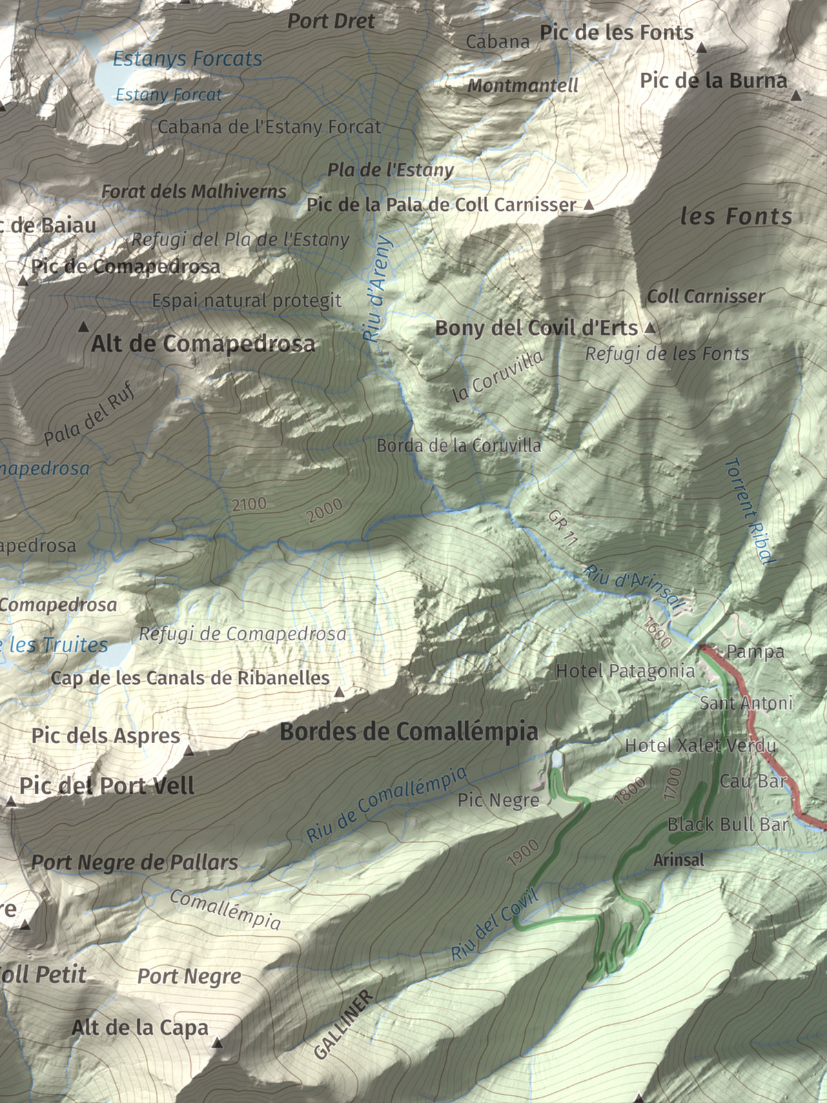 Mapa de relieve de Pic de Medacorba, 2915 m, Andorra · Pallars Sobirà, lámina 100 Cims de Trobart. Detalle de la zona inferior derecha. 30 × 40 cm.