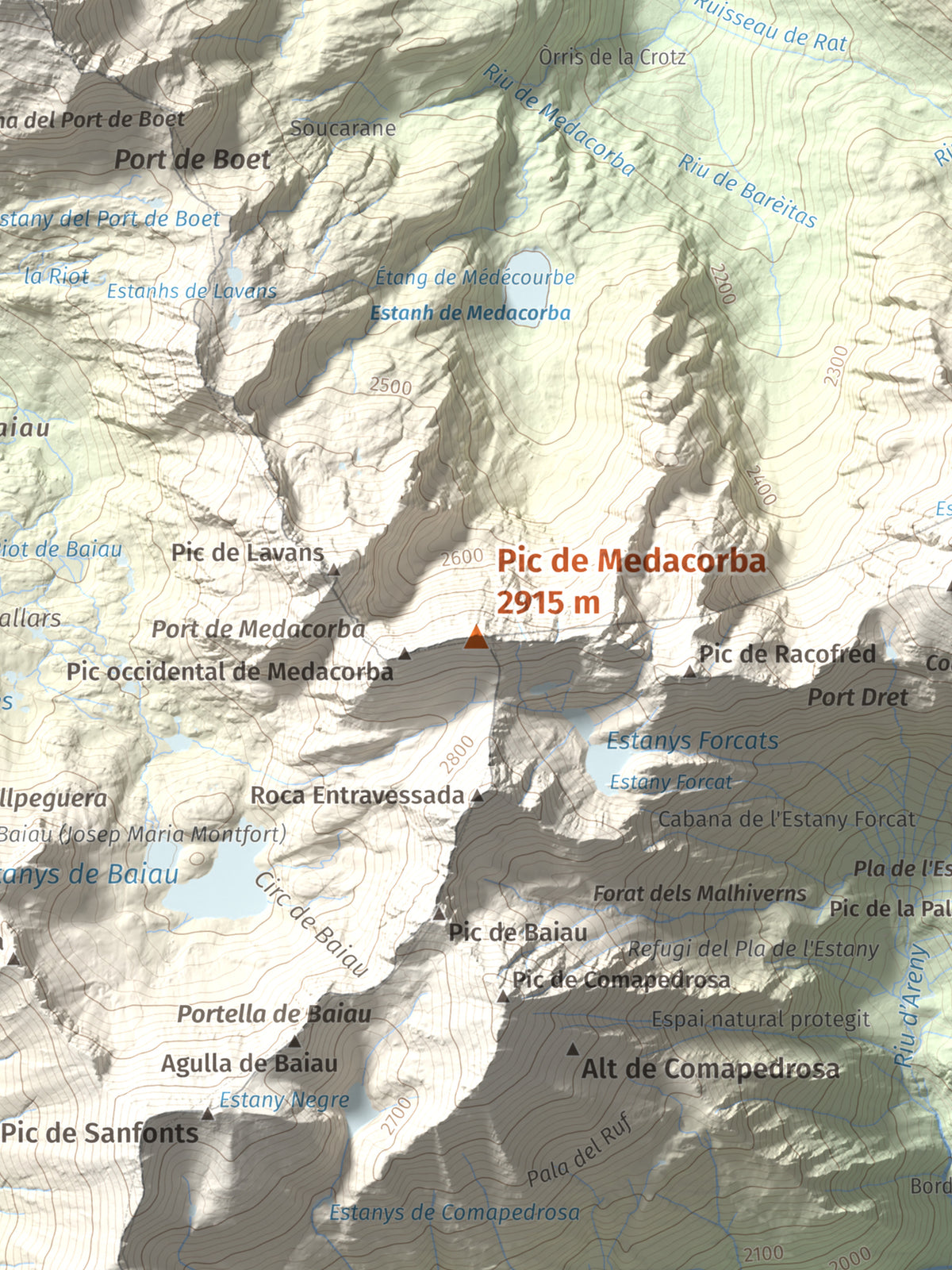 Mapa de relieve de Pic de Medacorba, 2915 m, Andorra · Pallars Sobirà, lámina 100 Cims de Trobart. Detalle de la zona central. 30 × 40 cm.