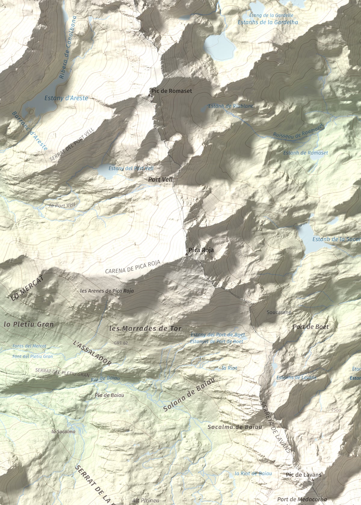 Mapa de relieve de Pic de Medacorba, 2915 m, Andorra · Pallars Sobirà, lámina 100 Cims de Trobart. Detalle de la zona superior izquierda. 50 × 70 cm.