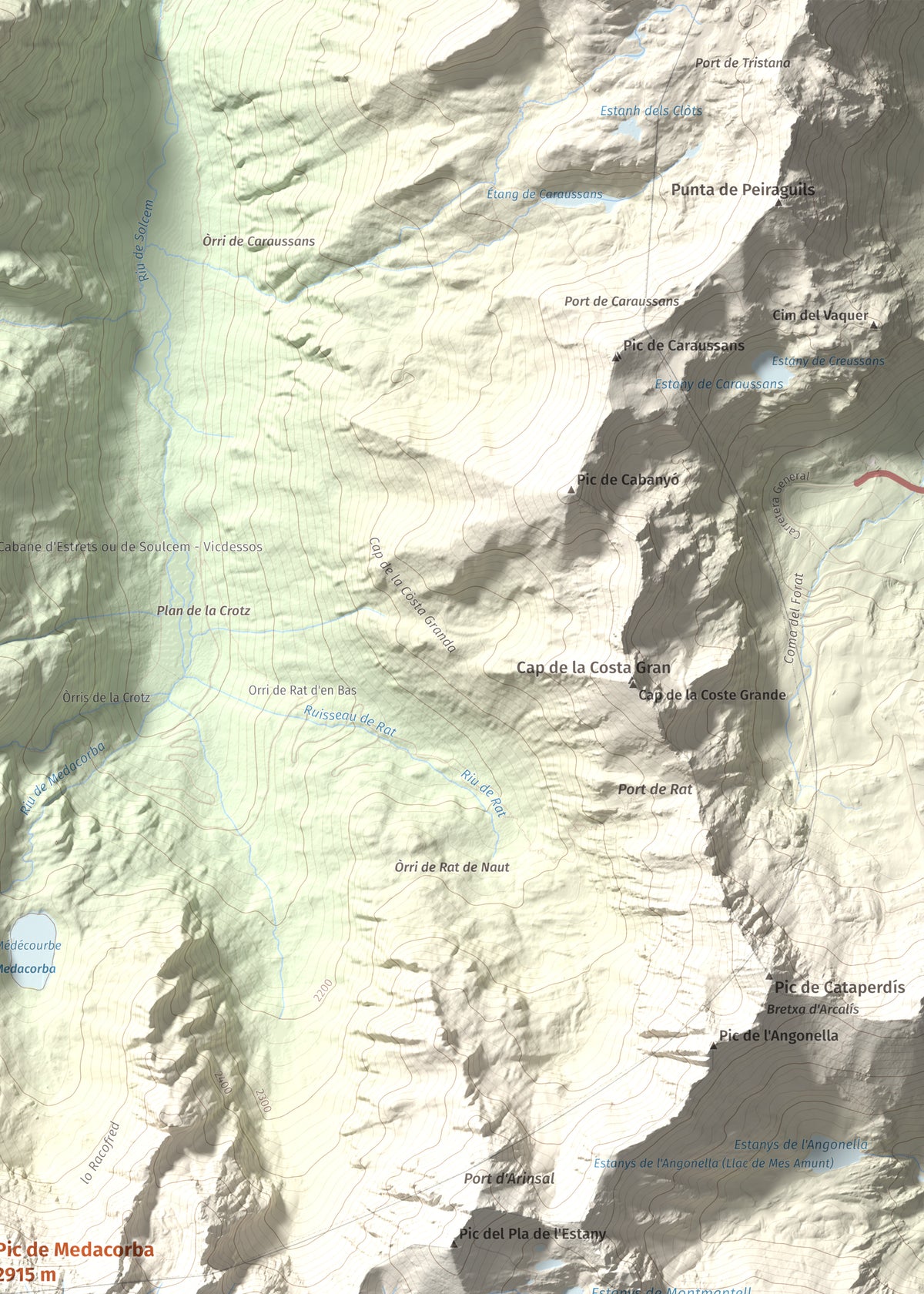 Mapa de relieve de Pic de Medacorba, 2915 m, Andorra · Pallars Sobirà, lámina 100 Cims de Trobart. Detalle de la zona superior derecha. 50 × 70 cm.