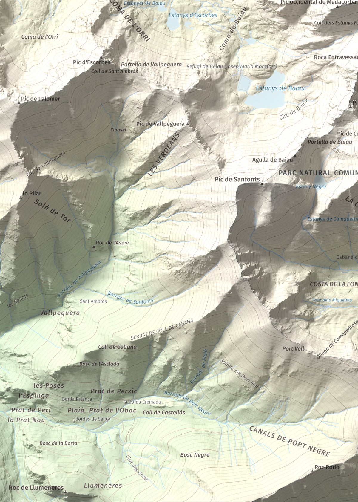 Mapa de relieve de Pic de Medacorba, 2915 m, Andorra · Pallars Sobirà, lámina 100 Cims de Trobart. Detalle de la zona inferior izquierda. 50 × 70 cm.