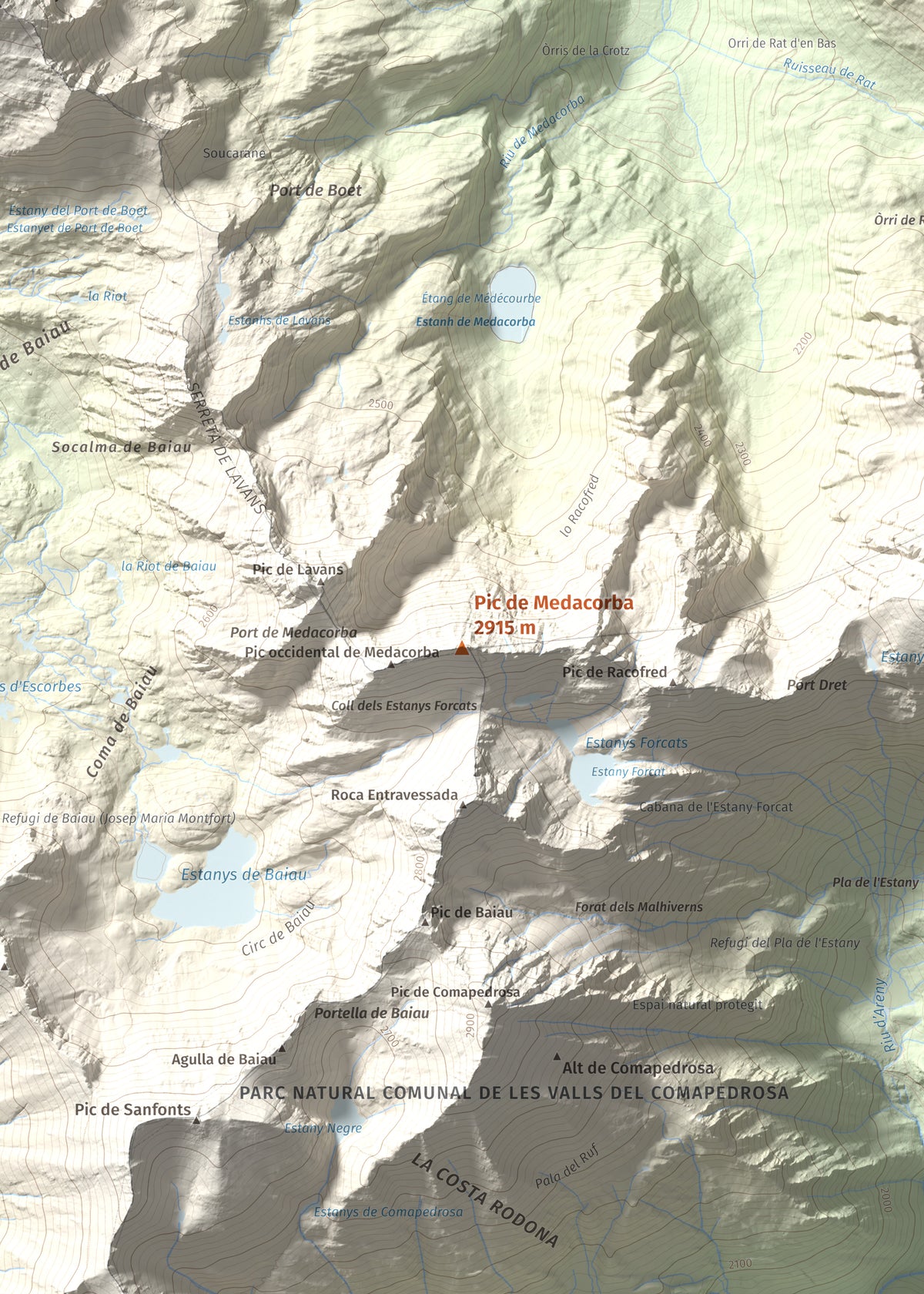Mapa de relieve de Pic de Medacorba, 2915 m, Andorra · Pallars Sobirà, lámina 100 Cims de Trobart. Detalle de la zona central. 50 × 70 cm.