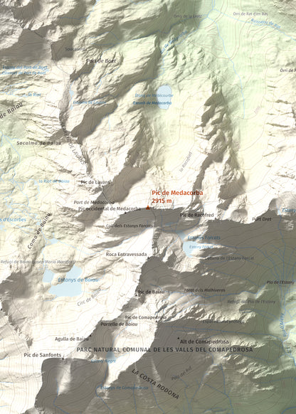 Mapa de relieve de Pic de Medacorba, 2915 m, Andorra · Pallars Sobirà, lámina 100 Cims de Trobart. Detalle de la zona central. 50 × 70 cm.