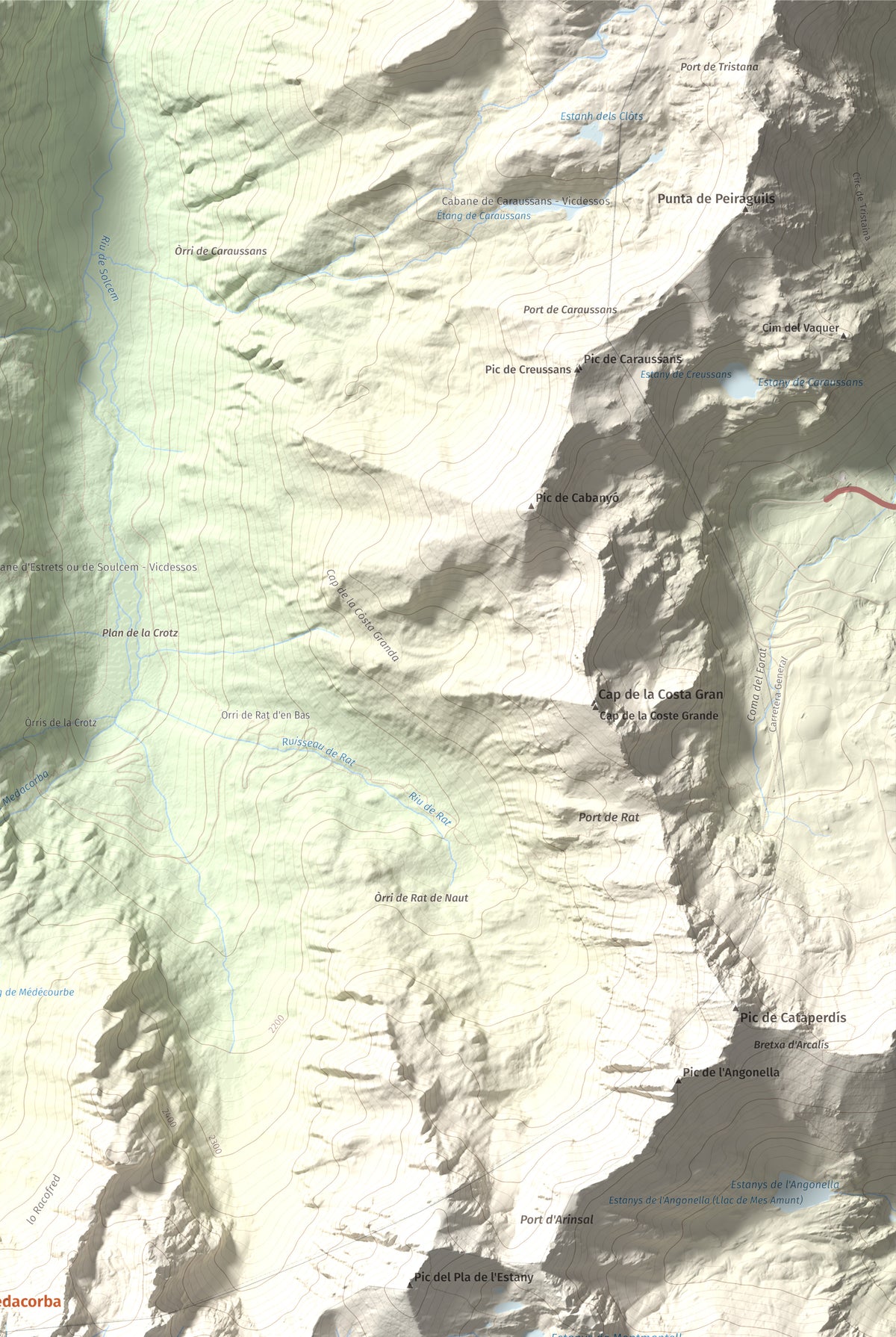 Mapa de relieve de Pic de Medacorba, 2915 m, Andorra · Pallars Sobirà, lámina 100 Cims de Trobart. Detalle de la zona superior derecha. 61 × 91 cm.