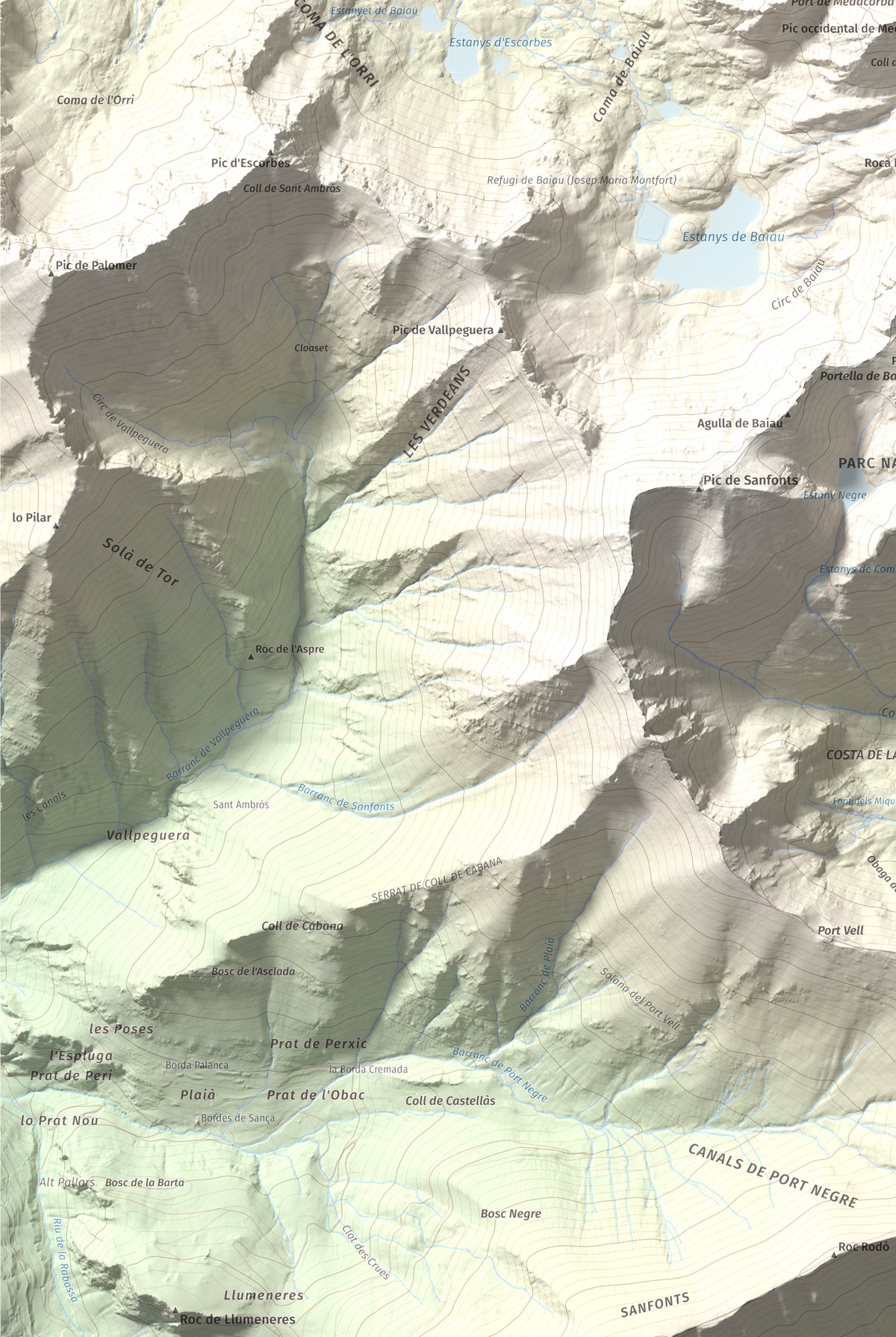 Mapa de relieve de Pic de Medacorba, 2915 m, Andorra · Pallars Sobirà, lámina 100 Cims de Trobart. Detalle de la zona inferior izquierda. 61 × 91 cm.
