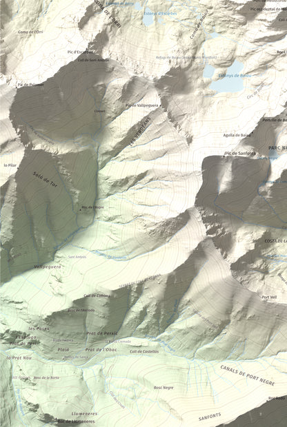 Mapa de relieve de Pic de Medacorba, 2915 m, Andorra · Pallars Sobirà, lámina 100 Cims de Trobart. Detalle de la zona inferior izquierda. 61 × 91 cm.