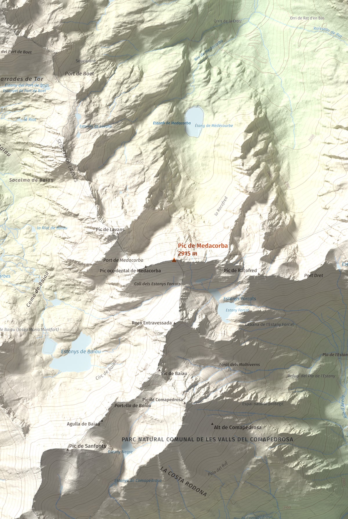 Mapa de relieve de Pic de Medacorba, 2915 m, Andorra · Pallars Sobirà, lámina 100 Cims de Trobart. Detalle de la zona central. 61 × 91 cm.