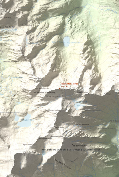 Mapa de relieve de Pic de Medacorba, 2915 m, Andorra · Pallars Sobirà, lámina 100 Cims de Trobart. Detalle de la zona central. 61 × 91 cm.