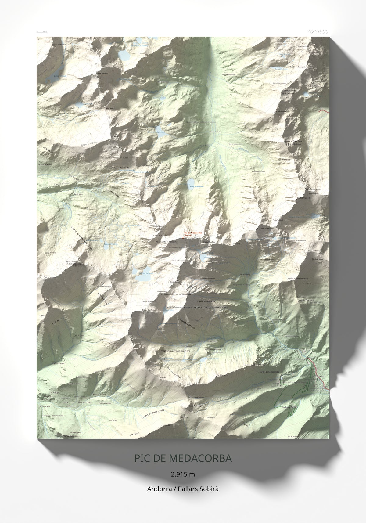 Mapa de relieve de Pic de Medacorba, 2915 m, Andorra · Pallars Sobirà, lámina 100 Cims de Trobart 70 × 100 cm.