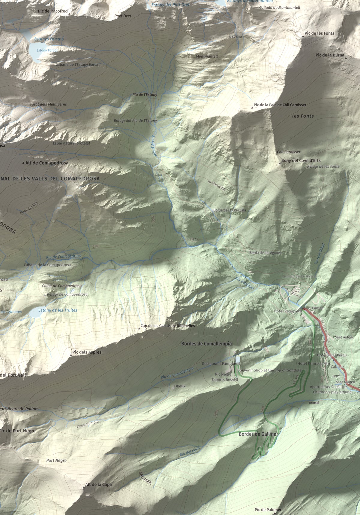 Mapa de relieve de Pic de Medacorba, 2915 m, Andorra · Pallars Sobirà, lámina 100 Cims de Trobart. Detalle de la zona inferior derecha. 70 × 100 cm.