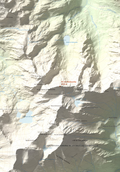 Mapa de relieve de Pic de Medacorba, 2915 m, Andorra · Pallars Sobirà, lámina 100 Cims de Trobart. Detalle de la zona central. 70 × 100 cm.