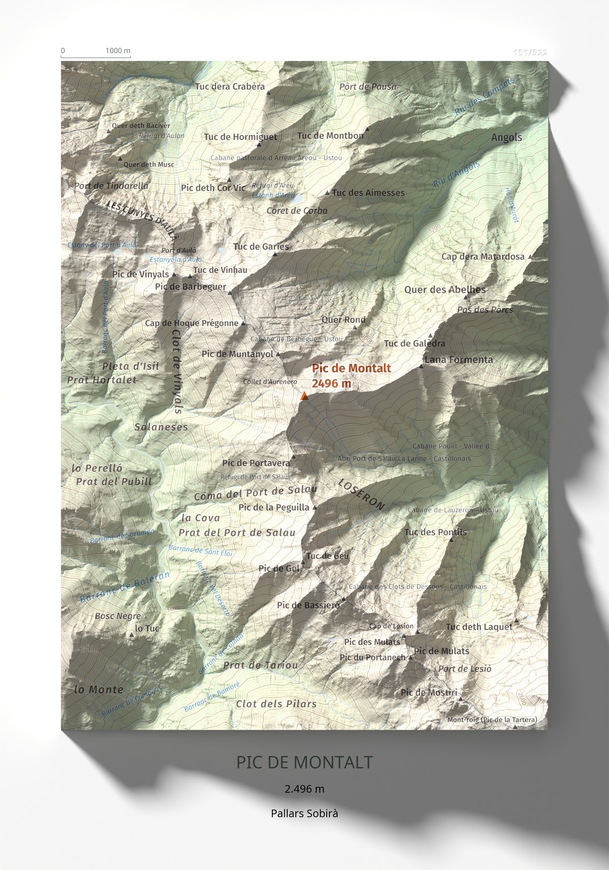 Mapa de relieve de Pic de Montalt, 2496 m, Pallars Sobirà, lámina 100 Cims de Trobart 21 × 30 cm.