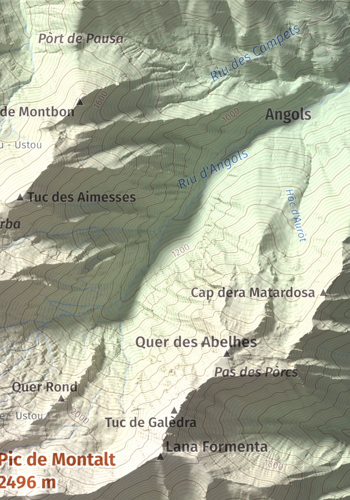 Mapa de relieve de Pic de Montalt, 2496 m, Pallars Sobirà, lámina 100 Cims de Trobart. Detalle de la zona superior derecha. 21 × 30 cm.