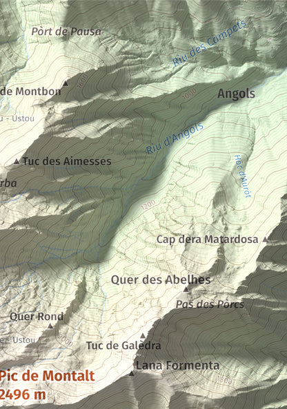 Mapa de relieve de Pic de Montalt, 2496 m, Pallars Sobirà, lámina 100 Cims de Trobart. Detalle de la zona superior derecha. 21 × 30 cm.