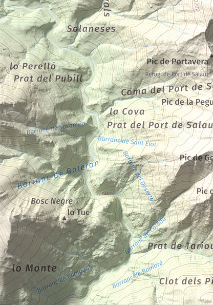 Mapa de relieve de Pic de Montalt, 2496 m, Pallars Sobirà, lámina 100 Cims de Trobart. Detalle de la zona inferior izquierda. 21 × 30 cm.