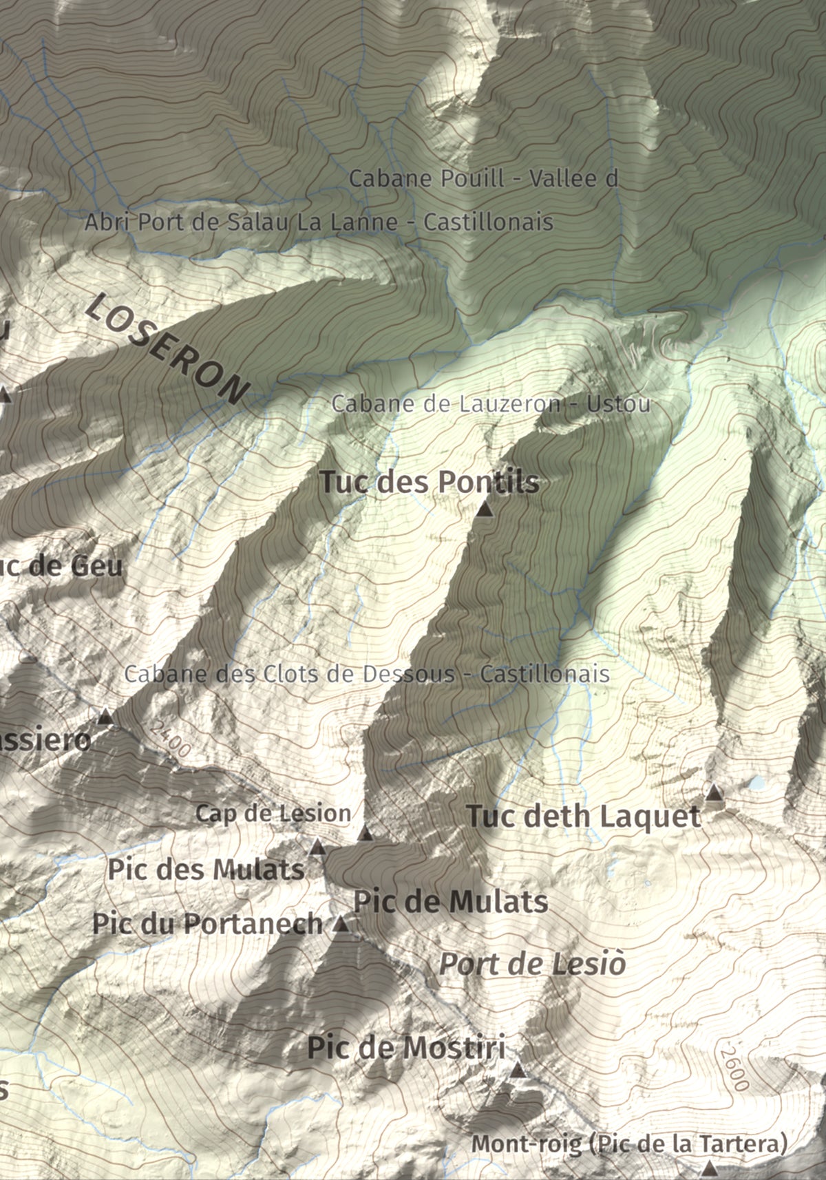 Mapa de relieve de Pic de Montalt, 2496 m, Pallars Sobirà, lámina 100 Cims de Trobart. Detalle de la zona inferior derecha. 21 × 30 cm.