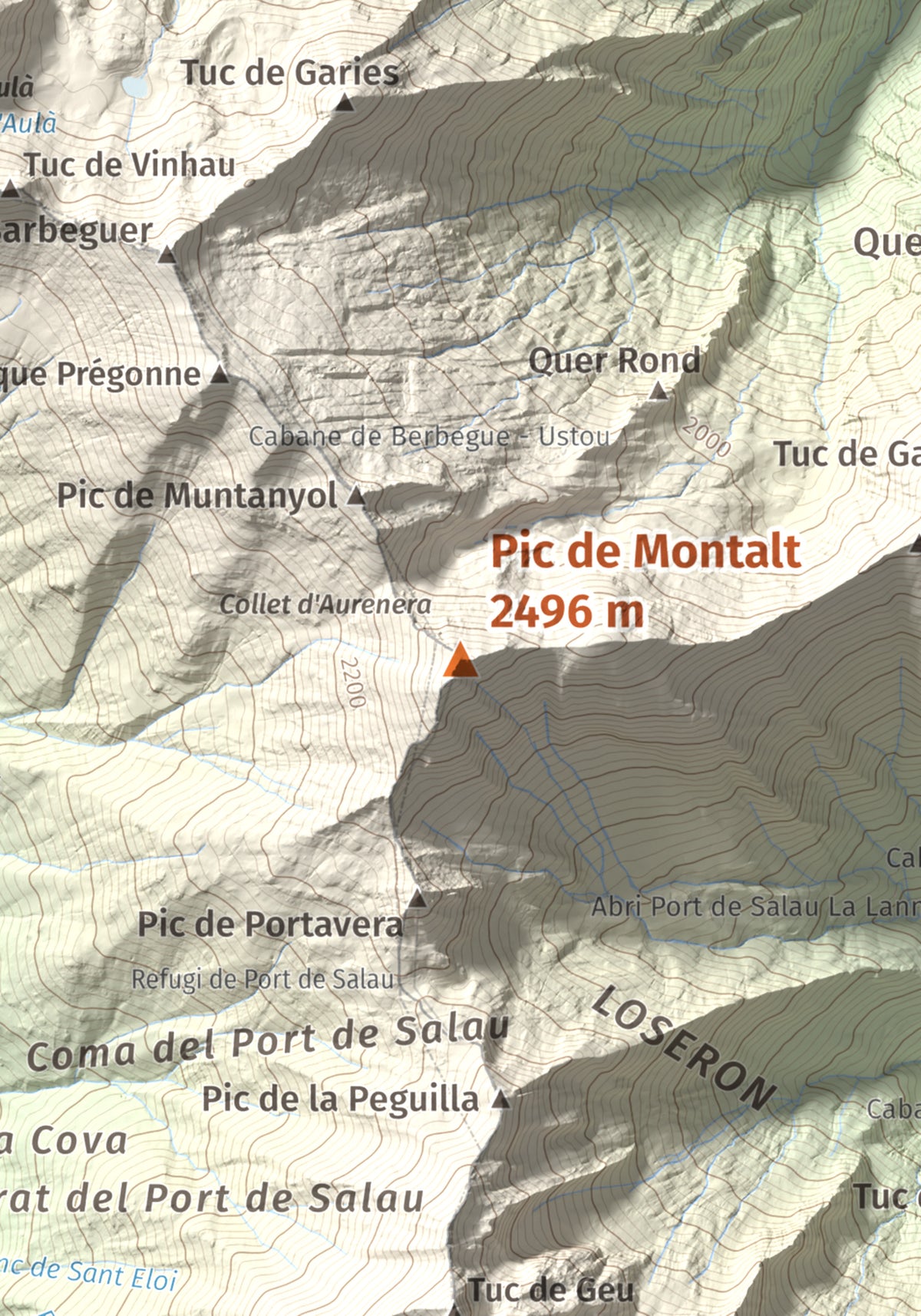 Mapa de relieve de Pic de Montalt, 2496 m, Pallars Sobirà, lámina 100 Cims de Trobart. Detalle de la zona central. 21 × 30 cm.