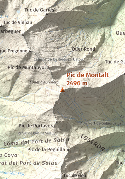 Mapa de relieve de Pic de Montalt, 2496 m, Pallars Sobirà, lámina 100 Cims de Trobart. Detalle de la zona central. 21 × 30 cm.
