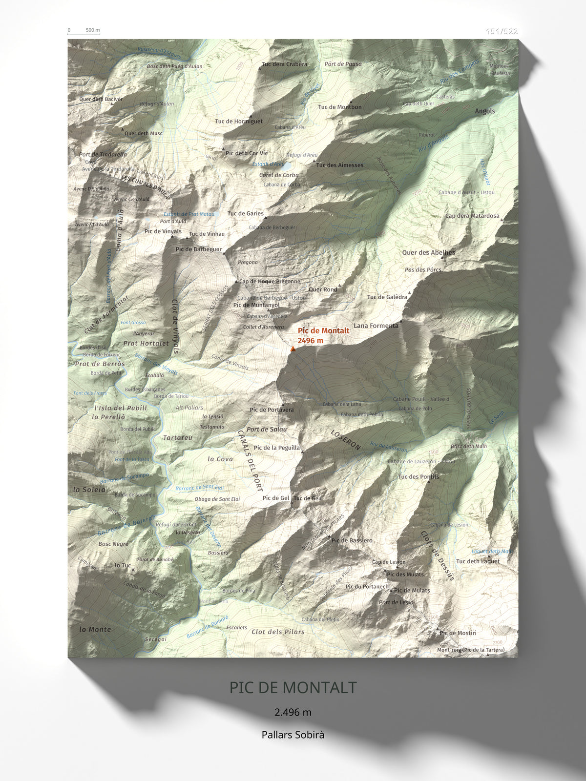 Mapa de relieve de Pic de Montalt, 2496 m, Pallars Sobirà, lámina 100 Cims de Trobart 30 × 40 cm.