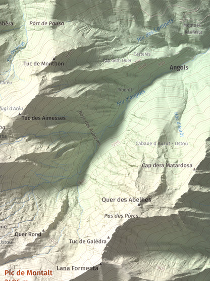 Mapa de relieve de Pic de Montalt, 2496 m, Pallars Sobirà, lámina 100 Cims de Trobart. Detalle de la zona superior derecha. 30 × 40 cm.