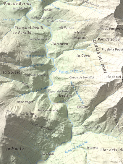 Mapa de relieve de Pic de Montalt, 2496 m, Pallars Sobirà, lámina 100 Cims de Trobart. Detalle de la zona inferior izquierda. 30 × 40 cm.