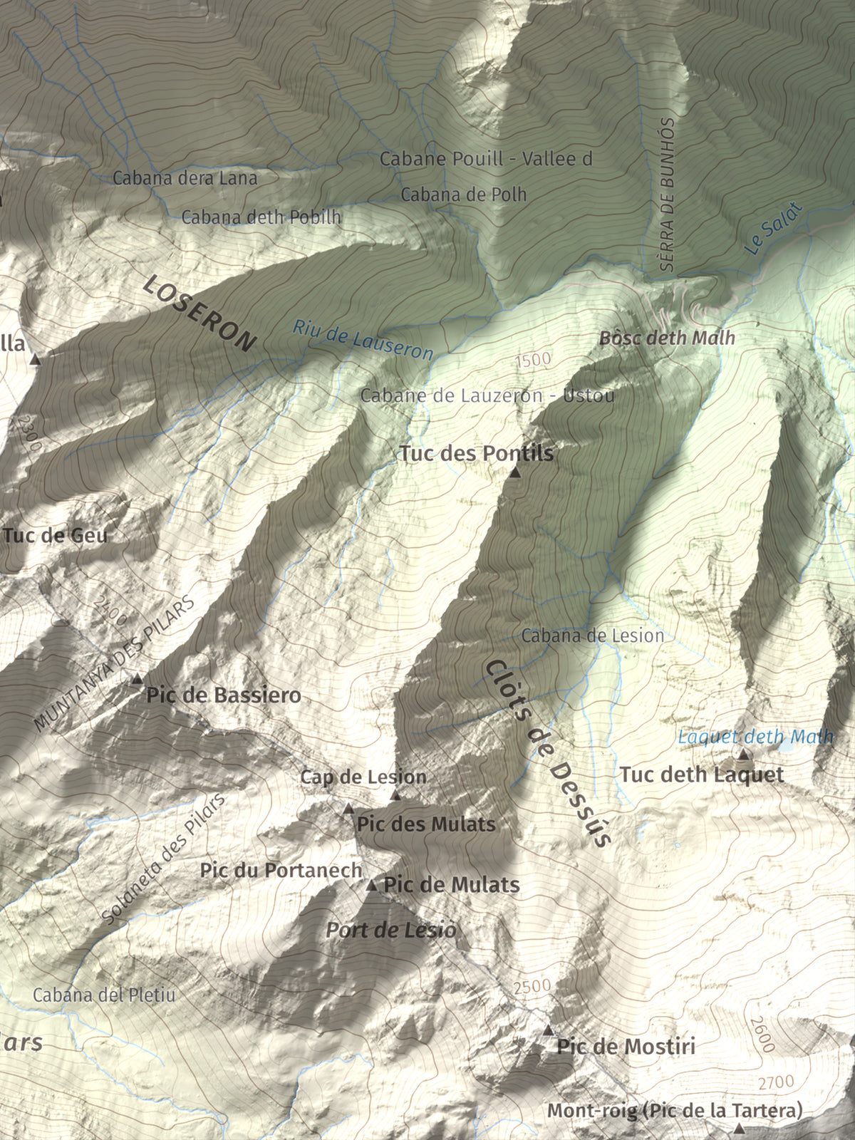 Mapa de relieve de Pic de Montalt, 2496 m, Pallars Sobirà, lámina 100 Cims de Trobart. Detalle de la zona inferior derecha. 30 × 40 cm.