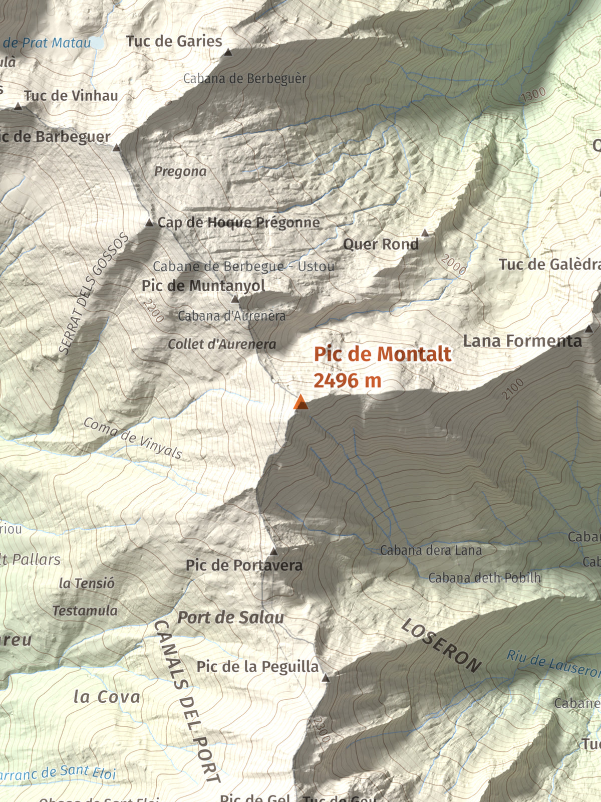 Mapa de relieve de Pic de Montalt, 2496 m, Pallars Sobirà, lámina 100 Cims de Trobart. Detalle de la zona central. 30 × 40 cm.