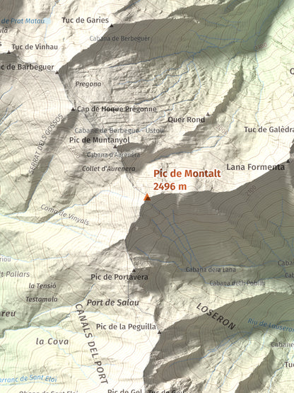 Mapa de relieve de Pic de Montalt, 2496 m, Pallars Sobirà, lámina 100 Cims de Trobart. Detalle de la zona central. 30 × 40 cm.
