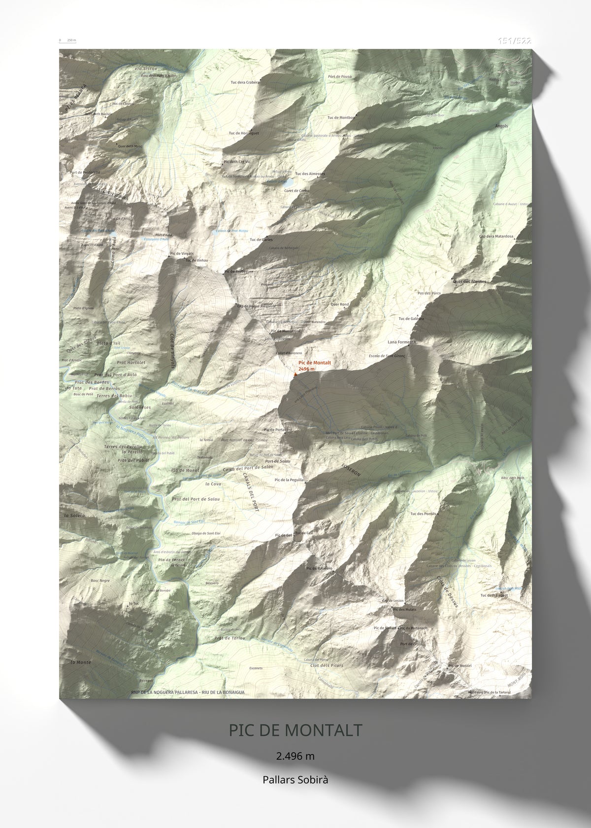 Mapa de relieve de Pic de Montalt, 2496 m, Pallars Sobirà, lámina 100 Cims de Trobart 50 × 70 cm.