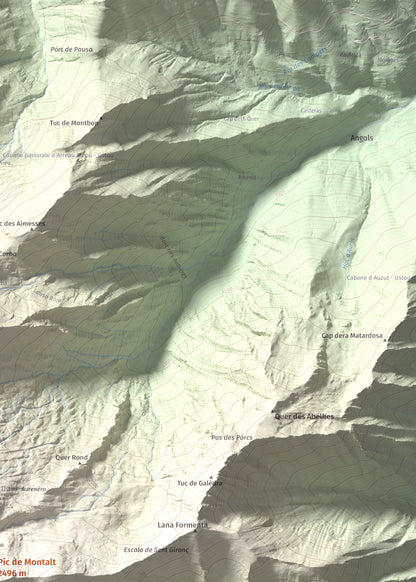 Mapa de relieve de Pic de Montalt, 2496 m, Pallars Sobirà, lámina 100 Cims de Trobart. Detalle de la zona superior derecha. 50 × 70 cm.
