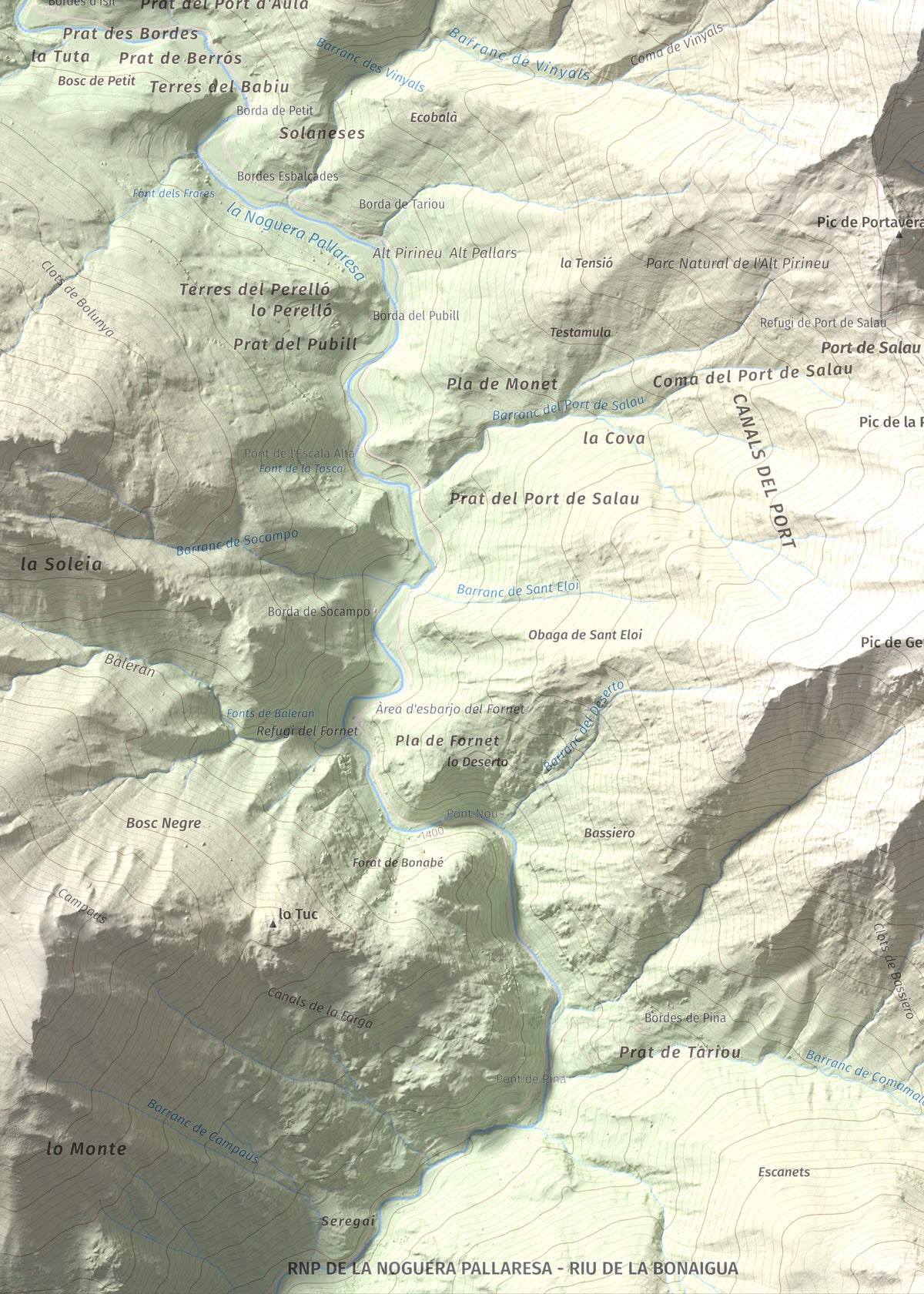 Mapa de relieve de Pic de Montalt, 2496 m, Pallars Sobirà, lámina 100 Cims de Trobart. Detalle de la zona inferior izquierda. 50 × 70 cm.