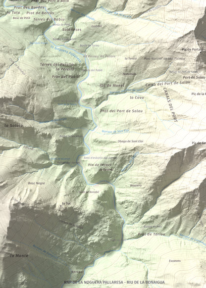 Mapa de relieve de Pic de Montalt, 2496 m, Pallars Sobirà, lámina 100 Cims de Trobart. Detalle de la zona inferior izquierda. 50 × 70 cm.